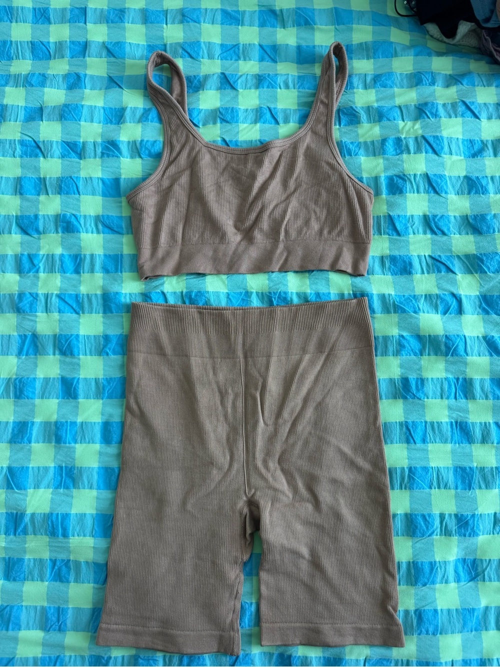 Fabletics Ribbed Crop Tank & High-Waist Bike Shorts Set - Taupe
